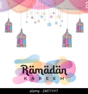 Arrière-plan de la carte de vœux ou de la bannière du ramadan. Lanternes et étoiles dessinées à la main. Ramadan Kareem décor dessiné à la main. Motif vectoriel pour musulman r Illustration de Vecteur