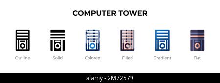 Icône Tour de l'ordinateur dans un style différent. Icônes vectorielles Computer Tower conçues en contour, Uni, coloré, rempli, dégradé, et un style plat. Symbole, journal Illustration de Vecteur