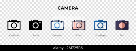 Icône de caméra dans un style différent. Icônes de vecteur de caméra conçues en contour, Uni, coloré, plein, dégradé, et un style plat. Symbole, illustration du logo. Illustration de Vecteur
