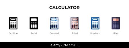 Icône de la calculatrice dans un style différent. Icônes vectorielles de la calculatrice conçues en contours, pleins, colorés, remplis, dégradés, et un style plat. Symbole, logo illust Illustration de Vecteur