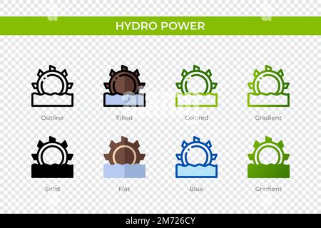 Icône Hydro Power dans un style différent. Icônes de vecteur de puissance hydraulique conçues en contour, solide, coloré, rempli, dégradé, et un style plat. Symbole, logo illu Illustration de Vecteur