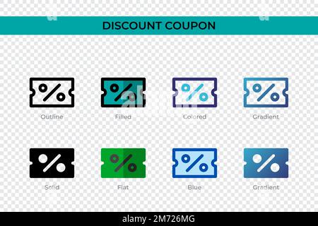 Icône de coupon de réduction dans un style différent. Symboles vectoriels de coupons de réduction conçus en contour, Uni, coloré, rempli, dégradé, et un style plat. Symbole, l Illustration de Vecteur