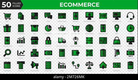 Ensemble de 50 icônes Web d'Ecommerce dans le style de contour plein. Carte de crédit, profit, facture. Collection d'icônes de contour plein. Illustration vectorielle Illustration de Vecteur