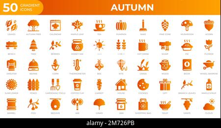 Ensemble de 50 icônes d'automne en dégradé. Feuilles, baies, chandail. Collection d'icônes de dégradé. Illustration vectorielle Illustration de Vecteur