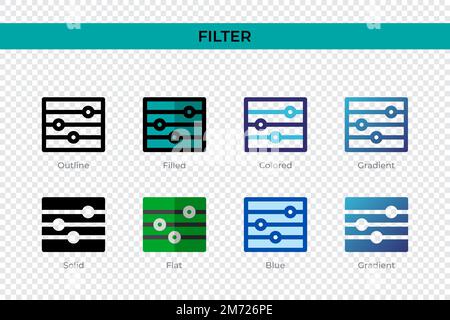 Icône de filtre dans un style différent. Filtrer les icônes vectorielles conçues en contours, pleins, colorés, remplis, dégradés, et un style plat. Symbole, illustration du logo. Illustration de Vecteur