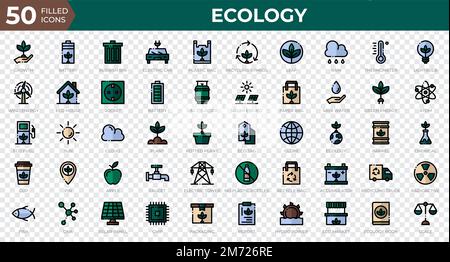 Ensemble de 50 icônes Web Ecology en style de contour plein. Recyclage, biologie, énergies renouvelables. Collection d'icônes de contour plein. Illustration vectorielle Illustration de Vecteur