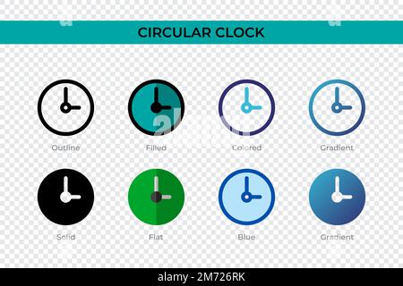 Icône horloge circulaire dans un style différent. Icônes de vecteur d'horloge circulaire conçues en contour, Uni, coloré, plein, dégradé, et un style plat. Symbole, journal Illustration de Vecteur