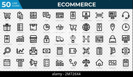 Ensemble de 50 icônes Web Ecommerce en style ligne. Carte de crédit, profit, facture. Collection d'icônes de contour. Illustration vectorielle Illustration de Vecteur