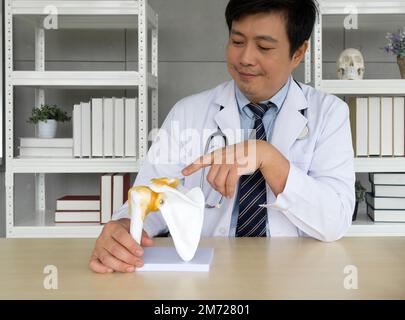 Chirurgien orthopédique asiatique en robe blanche et stéthoscope pointant vers le squelette humain modèle anatomique de l'articulation osseuse de l'épaule, présent au patient via c sans fil Banque D'Images