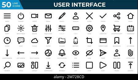 Ensemble de 50 icônes d'interface utilisateur en style de ligne. Menu, calendrier, horloge. Collection d'icônes de contour. Illustration vectorielle Illustration de Vecteur