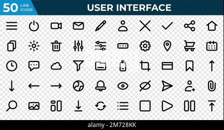 Ensemble de 50 icônes d'interface utilisateur en style de ligne. Menu, calendrier, horloge. Collection d'icônes de contour. Illustration vectorielle Illustration de Vecteur