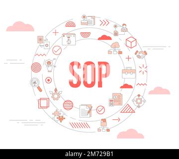 concept de procédure de fonctionnement standard sop avec bannière de modèle de jeu d'icônes et illustration du vecteur de forme ronde circulaire Banque D'Images