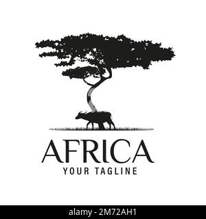 Arbre d'acacia africain avec Silhouette de Buffalo africain pour Safari Adventure logo Design Vector Illustration de Vecteur