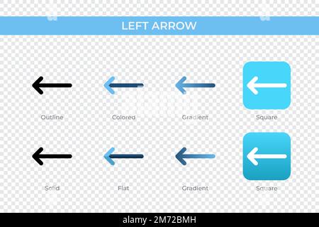 l'icône de la flèche vers la gauche est différente. icônes vectorielles de la flèche gauche conçues en style contour, uni, coloré, dégradé et plat. Symbole, illustration du logo. Illustration de Vecteur