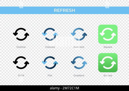 Actualiser l'icône dans un style différent. Actualiser les icônes vectorielles conçues en style contour, Uni, coloré, dégradé et plat. Symbole, illustration du logo. Vecteur Illustration de Vecteur