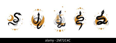 Ensemble de serpents magiques dans le style boho avec lune. Des symboles mystiques dans un style minimaliste tendance. Illustration du vecteur ésotérique Illustration de Vecteur