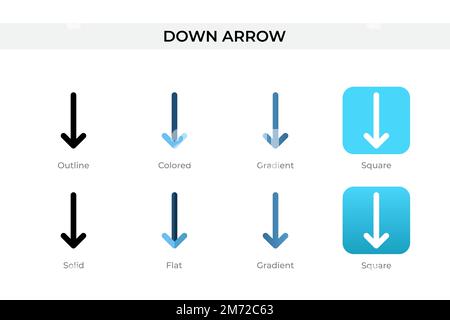 icône de flèche vers le bas dans un style différent. icônes de vecteur de flèche vers le bas conçues en style contour, uni, coloré, dégradé et plat. Symbole, illustration du logo. Illustration de Vecteur