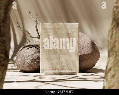3d podiums avec pierres et ombre d'arbre sur fond marron. 3d rendu réaliste de la présentation pour la publicité de produit. Banque D'Images