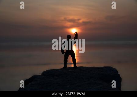 Hulk, le héros de la bande dessinée jouet était situé sur la plage rocheuse pendant l'heure du coucher du soleil Banque D'Images