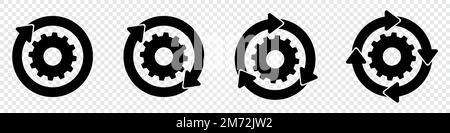 Train d'engrenages. Processus de synchronisation. Icônes de roue dentée noire. Icône vecteur noir roue dentée. Symbole de toile de glyphe simple de l'ensemble d'engrenages. Icône de réglage des rapports. Illustration vectorielle Illustration de Vecteur
