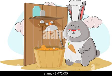 Bunny cuit la soupe de carottes et traite les animaux Illustration de Vecteur