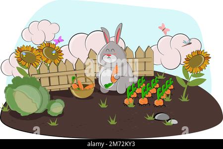 bunny recueille les carottes dans le jardin et les place dans un panier Illustration de Vecteur