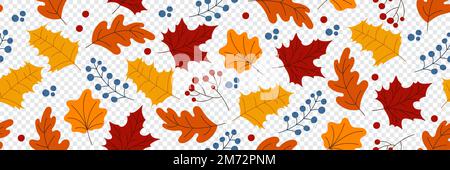Motif automnal long et sans couture avec baies et feuilles. Motif automnal sans coutures. Charmant motif d'automne. Dessiné à la main. Illustration vectorielle Illustration de Vecteur