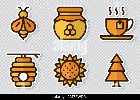 Ensemble de symboles d'autocollants de thème de miel. Ensemble d'autocollants sur le thème de l'abeille. Thème simple de la collection apiculture. Style de dessin animé. Illustration vectorielle Illustration de Vecteur