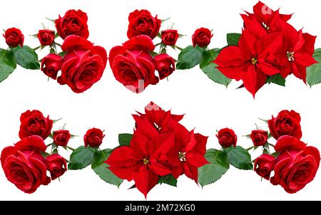 roses rouges et poinsettia,sans couture élément de composition,design de cadre floral,bannière,invitation de mariage,affiche,emballage de produit,cartes de vœux,anniversaire Banque D'Images