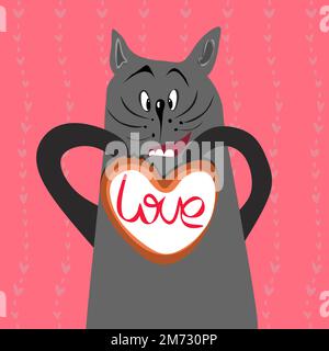 Carte à biscuits Happy Valentin chat et coeur. Carte de vœux ou affiche romantique pour la Saint-Valentin. 14 février Illustration de Vecteur