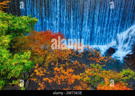 Une belle vue d'une cascade dans la gorge de Matsukawa en automne à Hachimantai, Japon. Banque D'Images