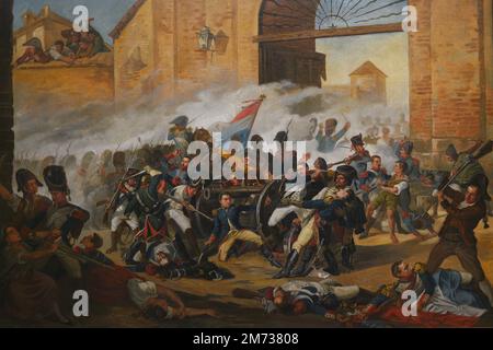 Guerre péninsulaire (1808-1814). 2 mai 1808. Défense du Parc de l'Artillerie de Monteleon. Daoiz à genoux et mortellement blessé par un soldat français avec sa baïonnette. Velarde mourant dans les bras d'un officier de la Garde polonaise. Huile sur toile, 1930. Copie d'Antonio Alvarez après la peinture de Manuel Castellano. Musée de l'armée. Tolède, Espagne. Auteur: Antonio Alvarez. Banque D'Images