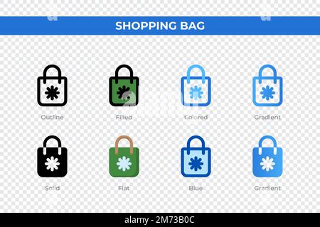 Icônes de sac de shopping dans différents styles. Ensemble d'icônes de sac à provisions. Symbole de congé. Différentes icônes de style sont définies. Illustration vectorielle Illustration de Vecteur