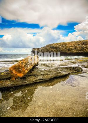 Une photo verticale d'une plage rocheuse à Boka Wandomi dans le parc national de Shete Boka de Curaçao. Banque D'Images