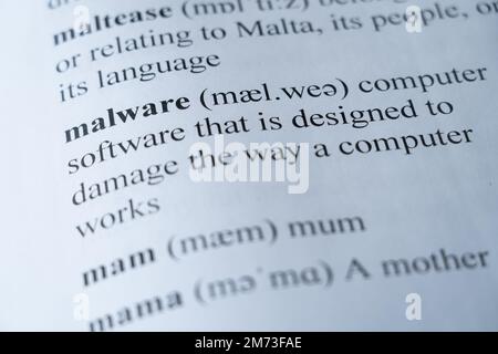 Une maquette d'une page de dictionnaire avec le mot malware avec focalisation sélective Banque D'Images