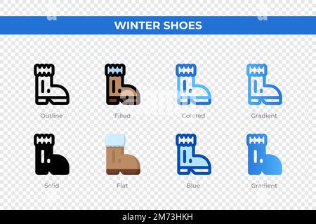 Les chaussures d'hiver sont emblématiques dans un style différent. Ensemble d'icônes de chaussures d'hiver. Symbole de congé. Différentes icônes de style sont définies. Illustration vectorielle Illustration de Vecteur