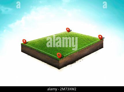 Icône de broche d'emplacement sur terrain vert, investissement de propriété, tranche de sol. terrain pour projet de construction, section de 3d tranches de terre Banque D'Images