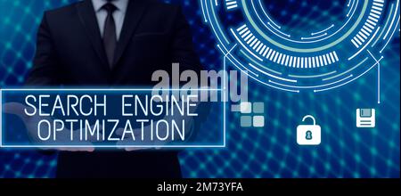 Légende présentant l'optimisation du moteur de recherche. Vitrine commerciale augmentation du trafic et des analyses des sites Web d'entreprise Banque D'Images