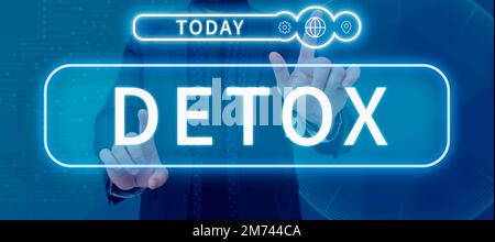 Symbole de texte indiquant Detox. Aperçu de l'entreprise moment pour l'alimentation Nutrition santé traitement de toxicomanie nettoyer Banque D'Images