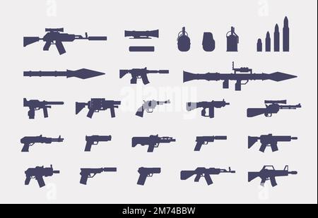 Silhouette de canons. Icônes d'armes à feu militaires pour le design de rpg, arme d'arsenal militaire et munitions, lance-revolver à grenade pistolet. Ensemble de plan vectoriel de gu Illustration de Vecteur