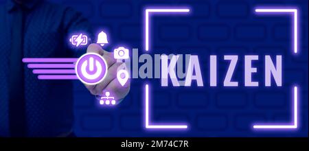 Légende présentant Kaizen. Internet concept une philosophie japonaise d'entreprise de l'amélioration des pratiques de travail Banque D'Images