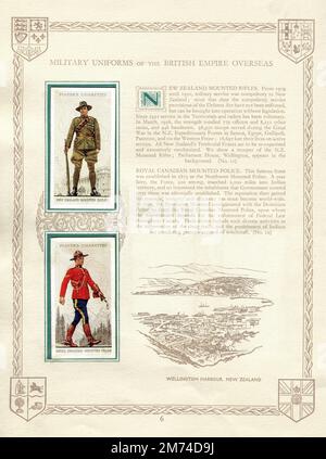 Une page d’un album de cartes à cigarettes vintage intitulé “Military Uniforms of the British Empire Overseas”. Les cartes présentées représentent les soldats des fusils à cheval de la Nouvelle-Zélande et de la Gendarmerie royale du Canada. La page est également décorée d'un croquis du port de Wellington, en Nouvelle-Zélande. Publié en 1938 par John Player & Sons. Banque D'Images