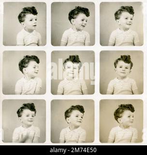 Angleterre. Vers. 1950s. Un charmant ensemble de photos de portrait de studio vintage représentant un jeune garçon joyeux, souriant et aux cheveux bouclés. Fait partie à l'origine d'une planche-contact de 48 images provenant d'un appareil photo Polyfoto. Chaque photo le montre dans une posture différente. Banque D'Images