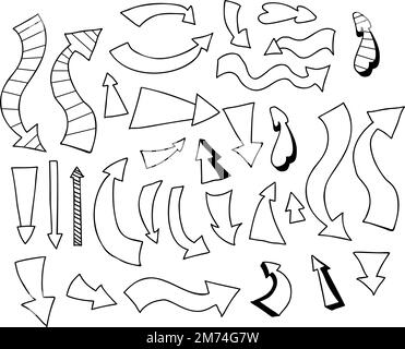 Grande collection de flèches et de pointeurs, formes. Dessins linéaires vectoriels dessinés à la main. Eléments de contour isolés pour la conception Illustration de Vecteur