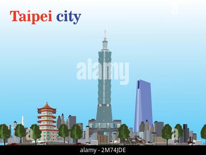 Horizon de Taipei avec repères gris, ciel bleu et reflet. Illustration vectorielle. Voyage d'affaires et de tourisme concept avec place pour le texte. Image pour Illustration de Vecteur