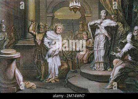 Bible par le Sieur de Royaumont, Nouveau Testament : Jésus Christ dévorant Caiphe et Anan (Hanan ou Anne ou Hanne). Gravure de 1811 - Bible de Royaumont, Nouveau Testament : Jésus Christ avant Caiphe et Anan (Hanan ou Anne ou Hanne). Gravure - coloration ultérieure Banque D'Images