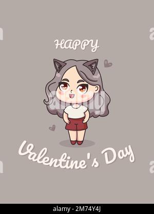 Saint Valentin. Carte postale avec une jolie fille animée. Illustration de Vecteur