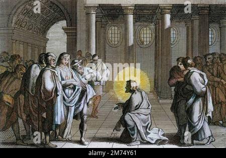 Bible par le Sieur de Royaumont, Nouveau Testament : la femme adultère. Jésus-Christ se delivre divination des sièges que lui tendaient les Juifs en lui dévant ce qu'on doit faire d'une femme surprise en adultère, en déclarant ''que cela celui de qui est sans péche jette le premier ministre contre elle''. Gravure de 1811 - Bible de Royaumont, Nouveau Testament : la femme adultère. Jésus-Christ se libère divinely des pièges mis pour lui par les Juifs en lui demandant ce qui devrait être fait avec une femme prise dans l'adultère, en déclarant ''que l'un de vous qui est sans péché soit le premier à jeter Banque D'Images
