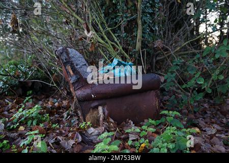 Harefield, Royaume-Uni. 3rd novembre 2022. Un fauteuil en cuir abandonné est représenté dans une sous-croissance le long du canal de Grand Union. Crédit : Mark Kerrison/Ala Banque D'Images