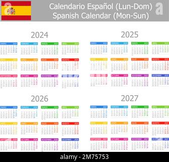 2024-2027 Espagnol Type-1 Calendrier mon-Soleil sur fond blanc Illustration de Vecteur